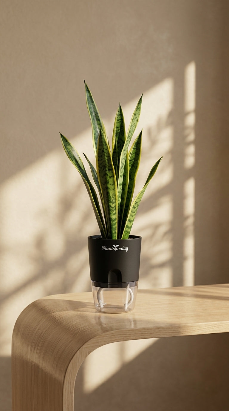 indoor pot for snake plant Green Snake Plant with Self-Watering Pot – plantswalay